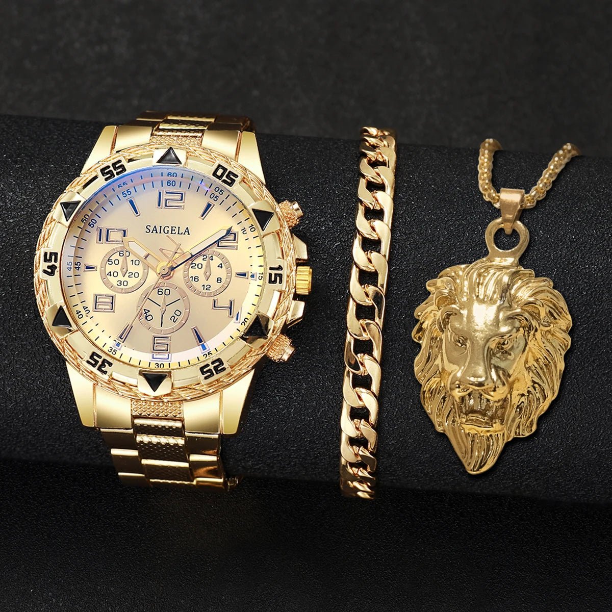 Men’s Quartz Watch, Bracelet & Necklace Set — 3 Pieces Men's Watch & Jewelry Sets