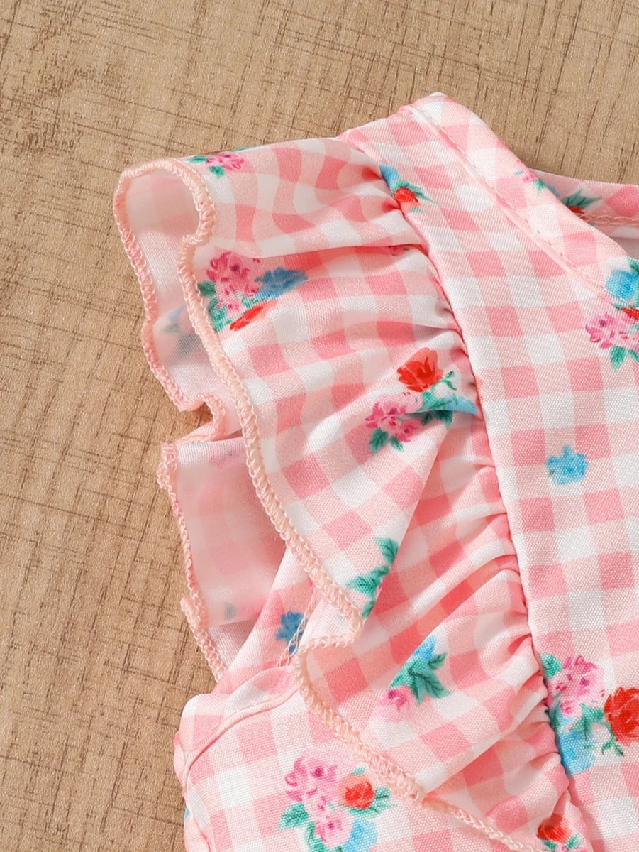 NONECN Baby Girl Romper Set With Hat 2 Piece Floral Flutter Sleeve Round Neck 0 To 12M Soft Knit Summer