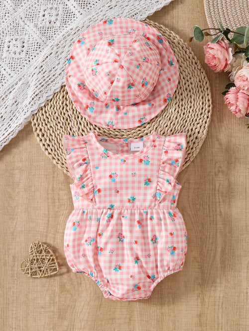 NONECN Baby Girl Romper Set With Hat 2 Piece Floral Flutter Sleeve Round Neck 0 To 12M Soft Knit Summer