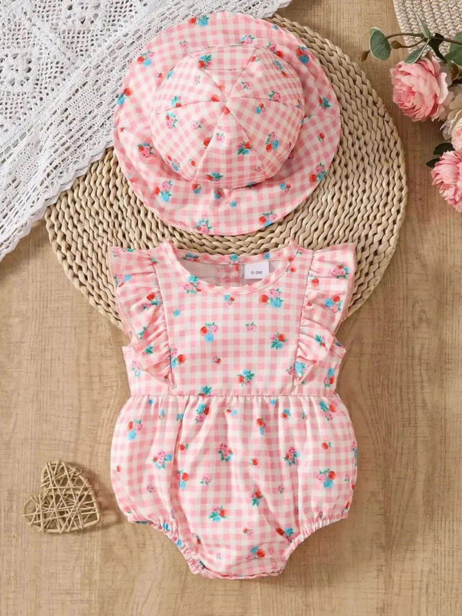 NONECN Baby Girl Romper Set With Hat 2 Piece Floral Flutter Sleeve Round Neck 0 To 12M Soft Knit Summer