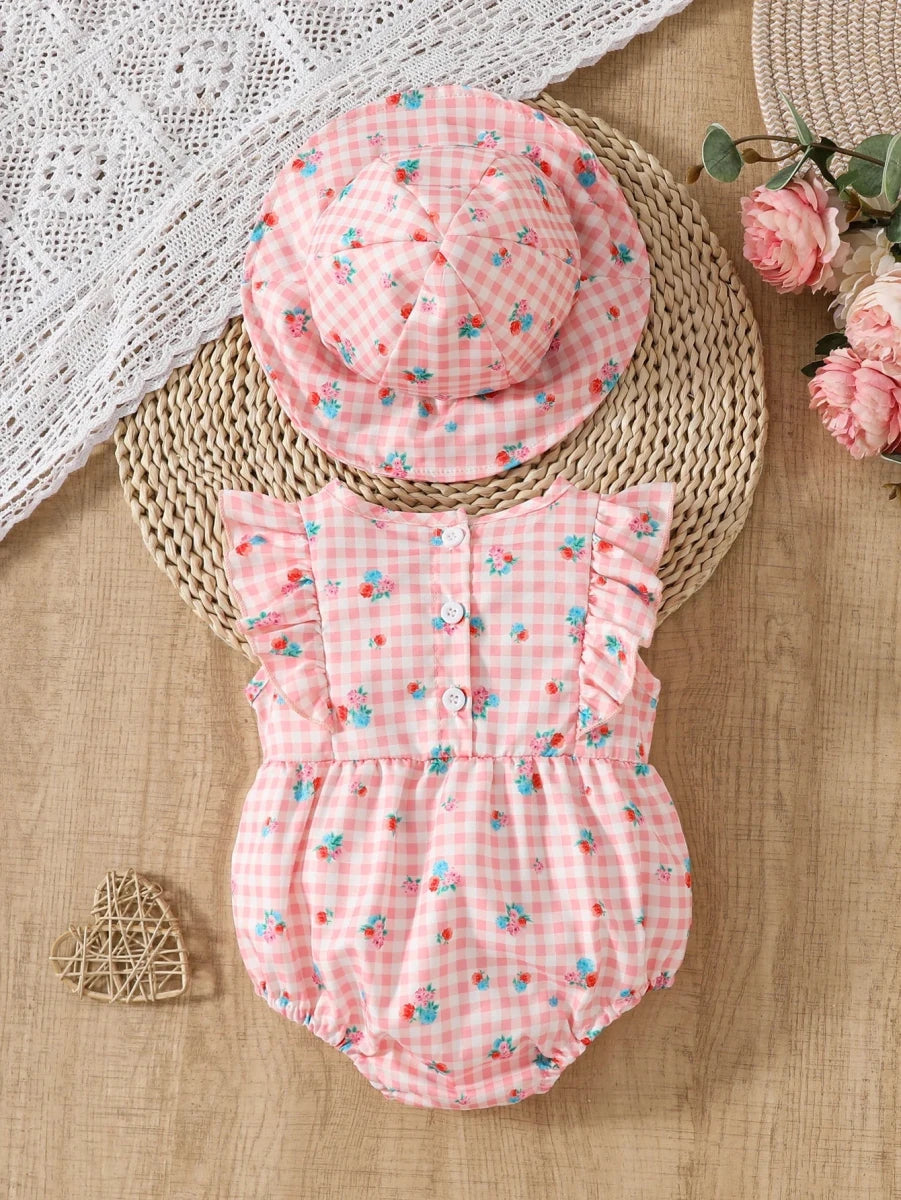 NONECN Baby Girl Romper Set With Hat 2 Piece Floral Flutter Sleeve Round Neck 0 To 12M Soft Knit Summer
