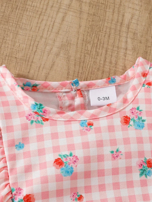 NONECN Baby Girl Romper Set With Hat 2 Piece Floral Flutter Sleeve Round Neck 0 To 12M Soft Knit Summer