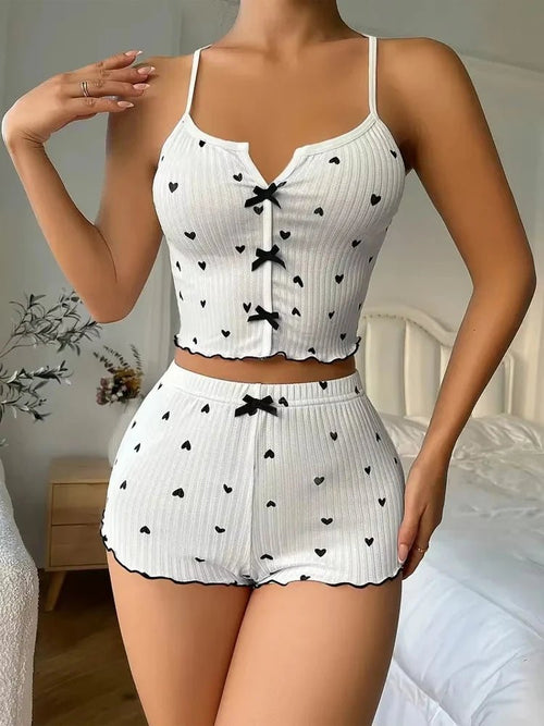 Sexy Heart Print Pajama Set for Women Sleepwear Silk Stain V-Neck Sleeveless Casual Cami Top and Shorts Sets Loungewear