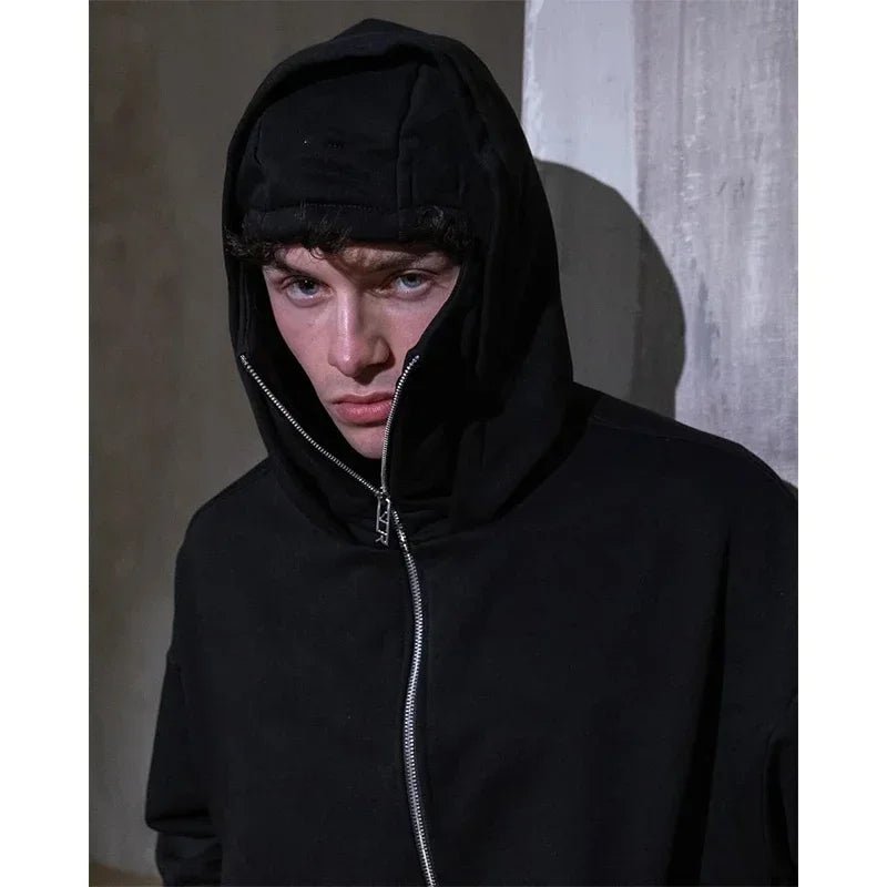 Unisex Double-Hood Zip-Up Sweatshirt with Face Cover Unisex Hoodies