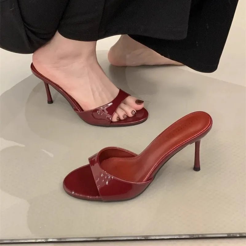 Wine Red Patent Leather Women Slippers Sandals Fashion Round Open Toe Thin High Heels Mules Slides Summer Party Dress Shoes