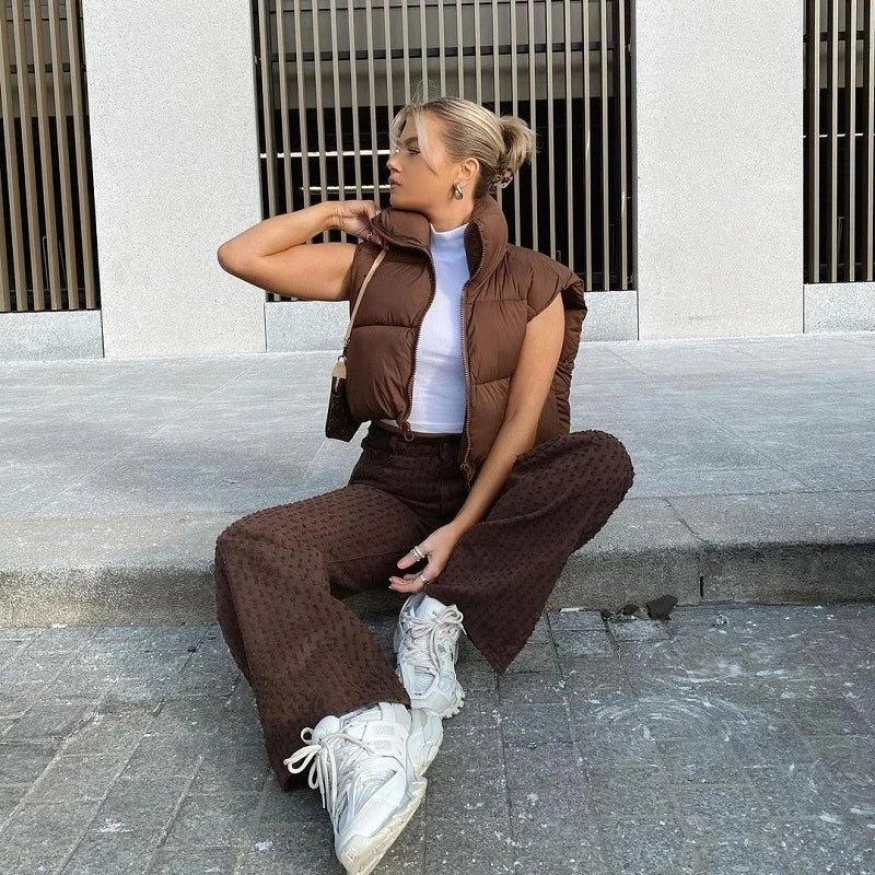Women’s Cropped Zip-Up Vest with Stand Collar Women's Vests