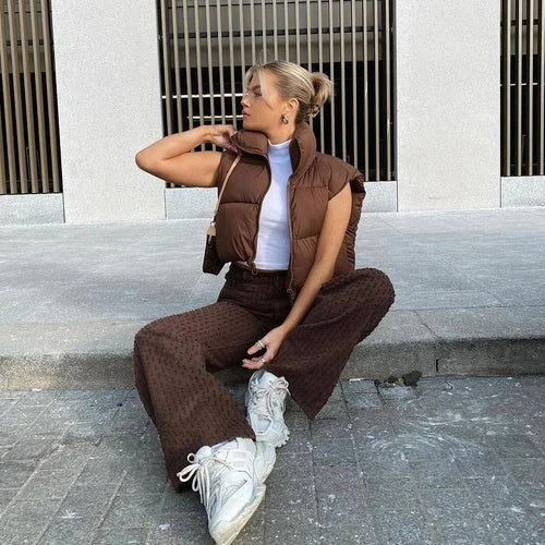 Women’s Cropped Zip-Up Vest with Stand Collar Women's Vests