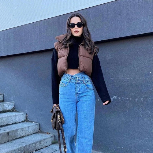 Women’s Cropped Zip-Up Vest with Stand Collar Women's Vests