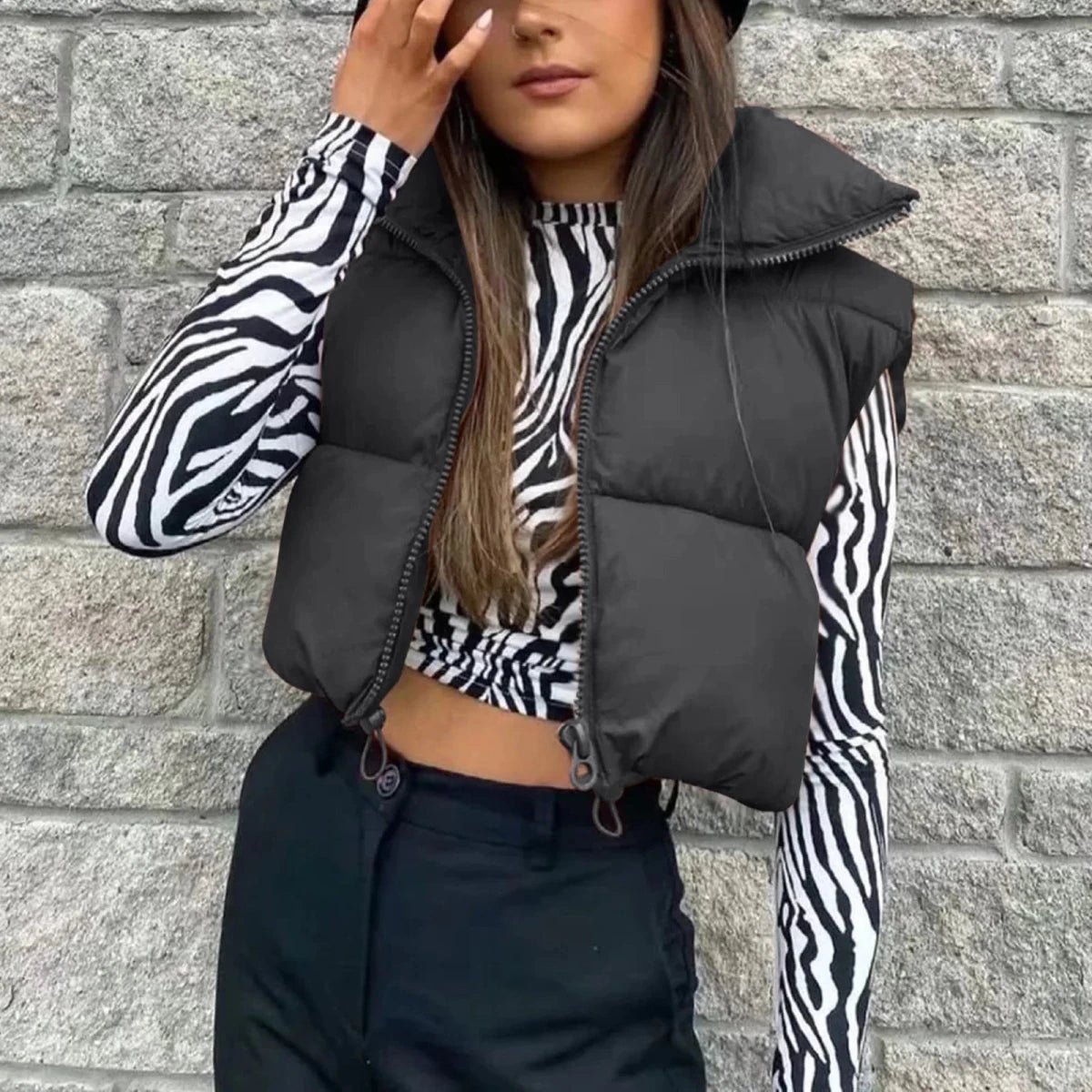 Women’s Cropped Zip-Up Vest with Stand Collar Women's Vests