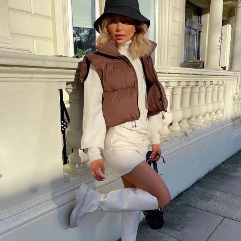 Women’s Cropped Zip-Up Vest with Stand Collar Women's Vests