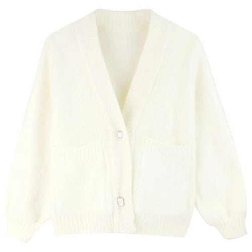 Women's White V-Neck Button-Front Knit Cardigan