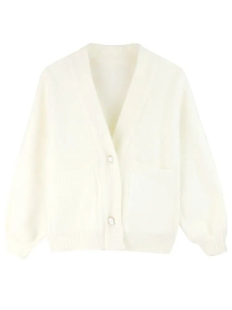 Women's White V-Neck Button-Front Knit Cardigan